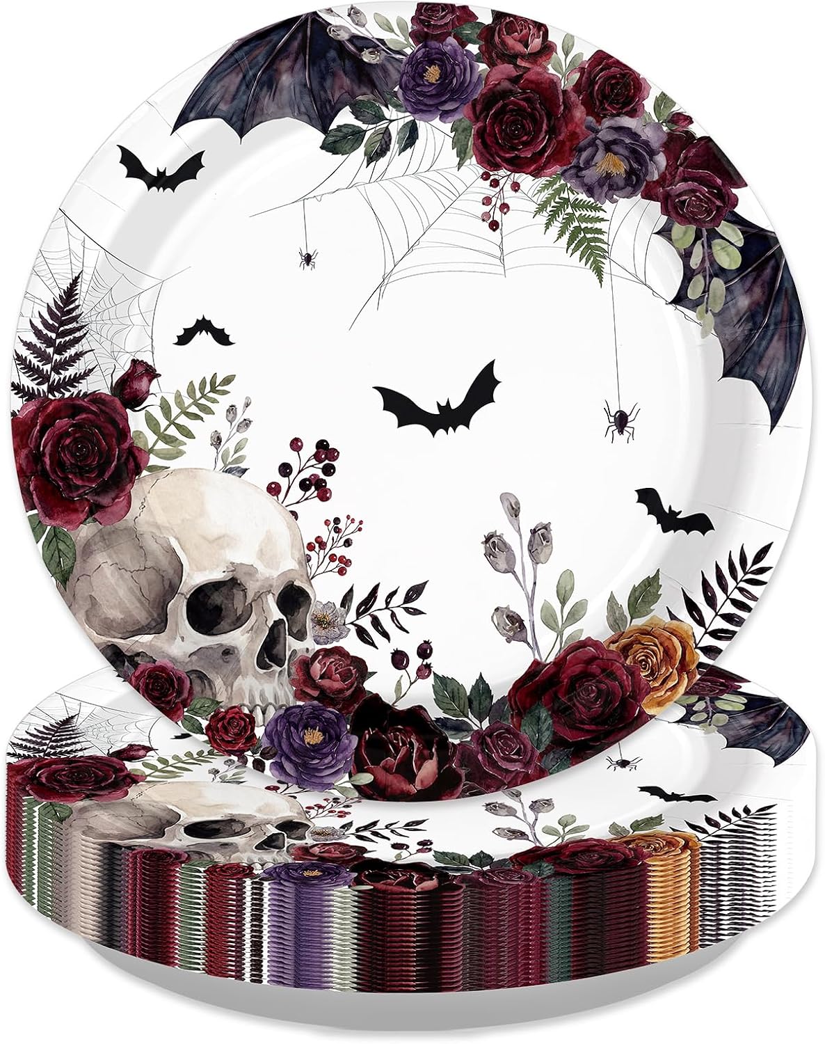 Gothic Halloween paper plate with watercolor skull burgundy roses and bats