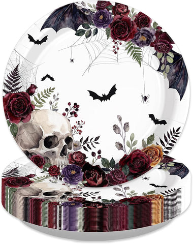Gothic Halloween paper plate with watercolor skull burgundy roses and bats