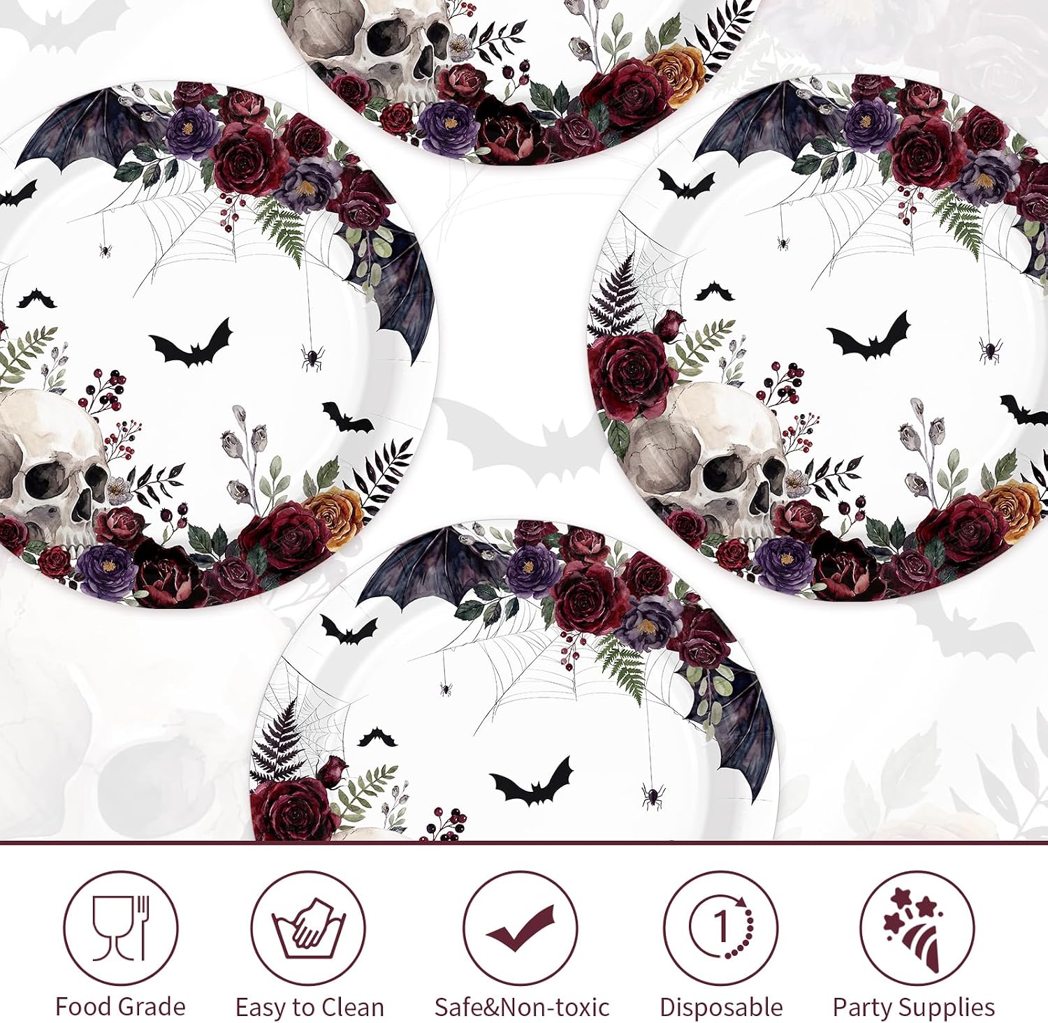 Stack of 50 nine inch vintage roses and bat Halloween plates