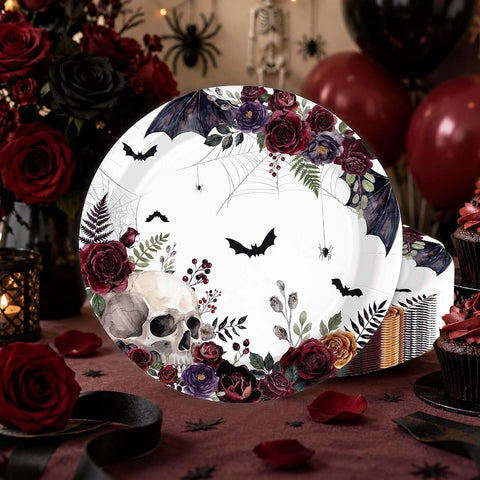 White gothic plate printed with a watercolor skull and purple roses