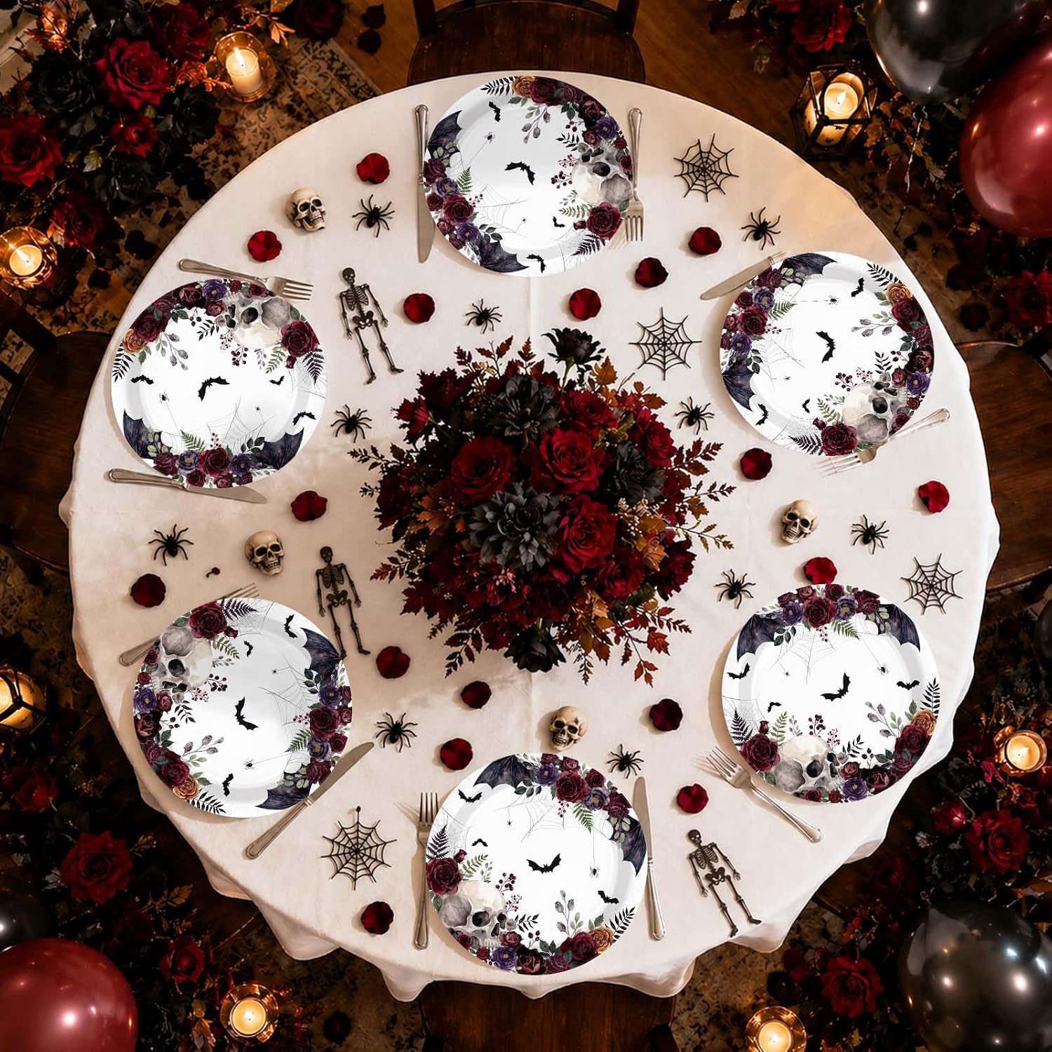 Vintage bat and rose Halloween disposable plates for a bridal shower
