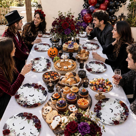 Gothic skeleton rose tableware arranged for a spooky celebration