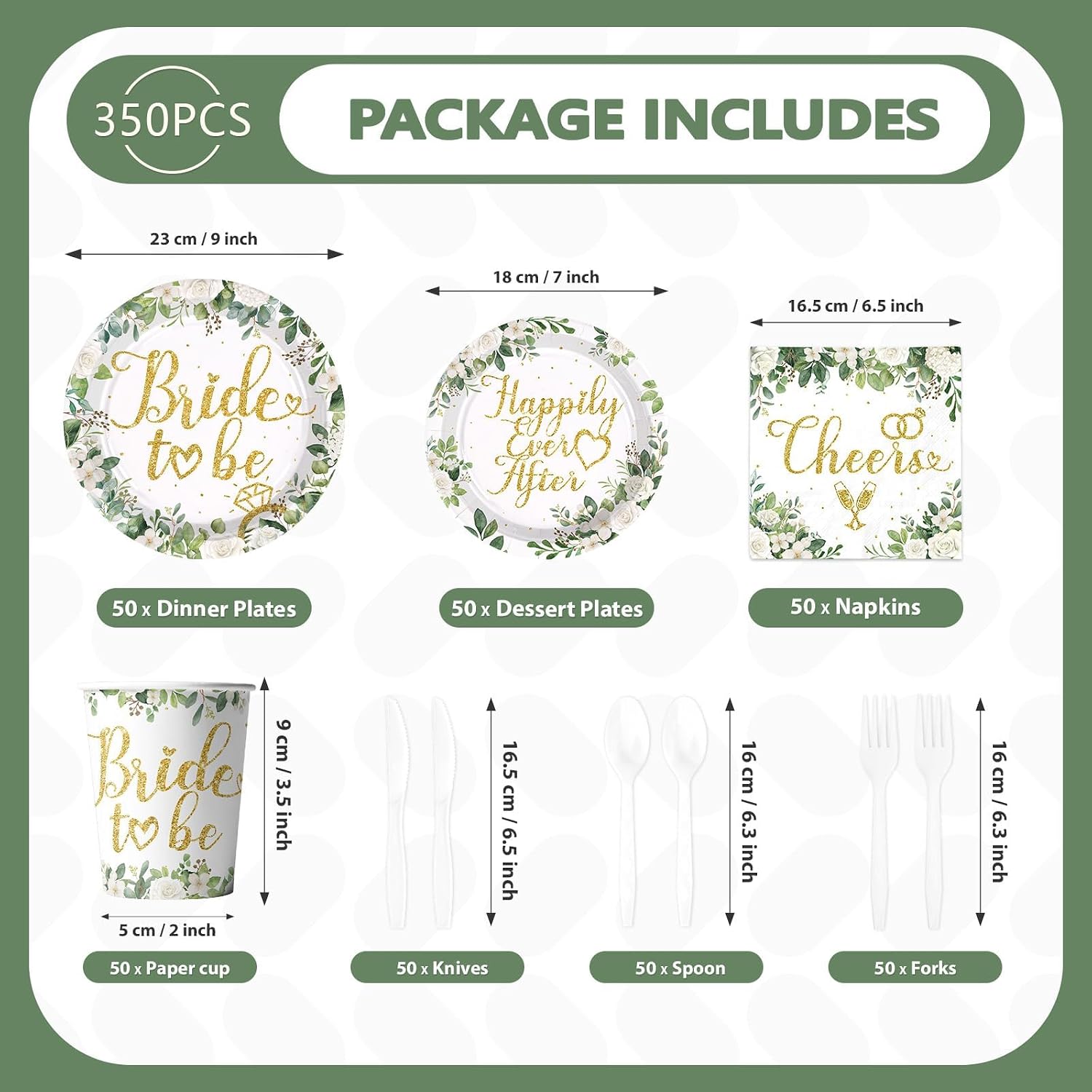 350Pcs Sage Green Bridal Shower Supplies Serves 50 - Grencian