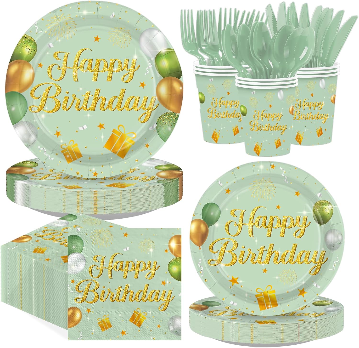 Greencian 168-piece sage green gold birthday party supplies with elegant tableware