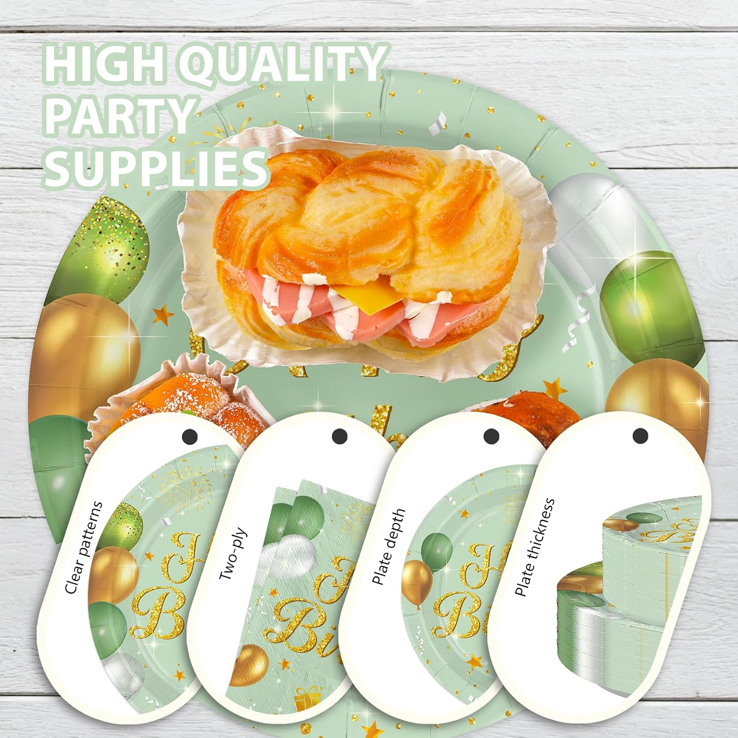 Close-up of sage green gold paper plate