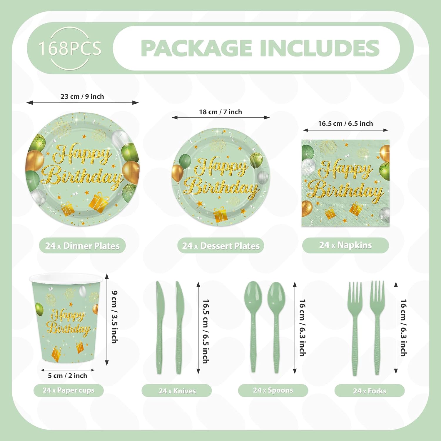 Stack of sage green themed birthday plates and napkins