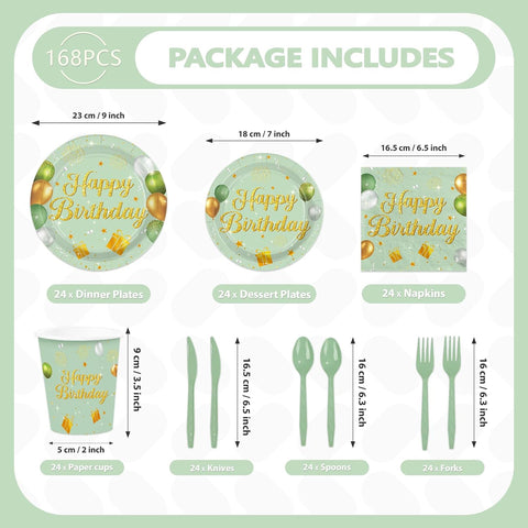 Stack of sage green themed birthday plates and napkins