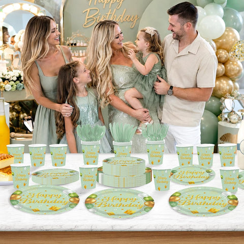Women girls birthday party table with sage green gold tableware