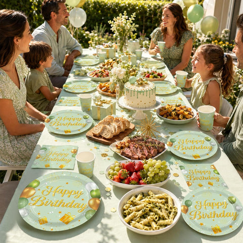 Baby shower anniversary party scene with sage green gold tableware