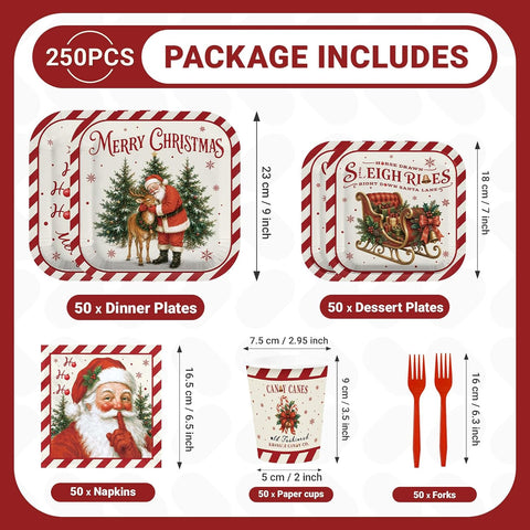250Pcs Christmas Santa Plates Napkins Cups Set - Grencian