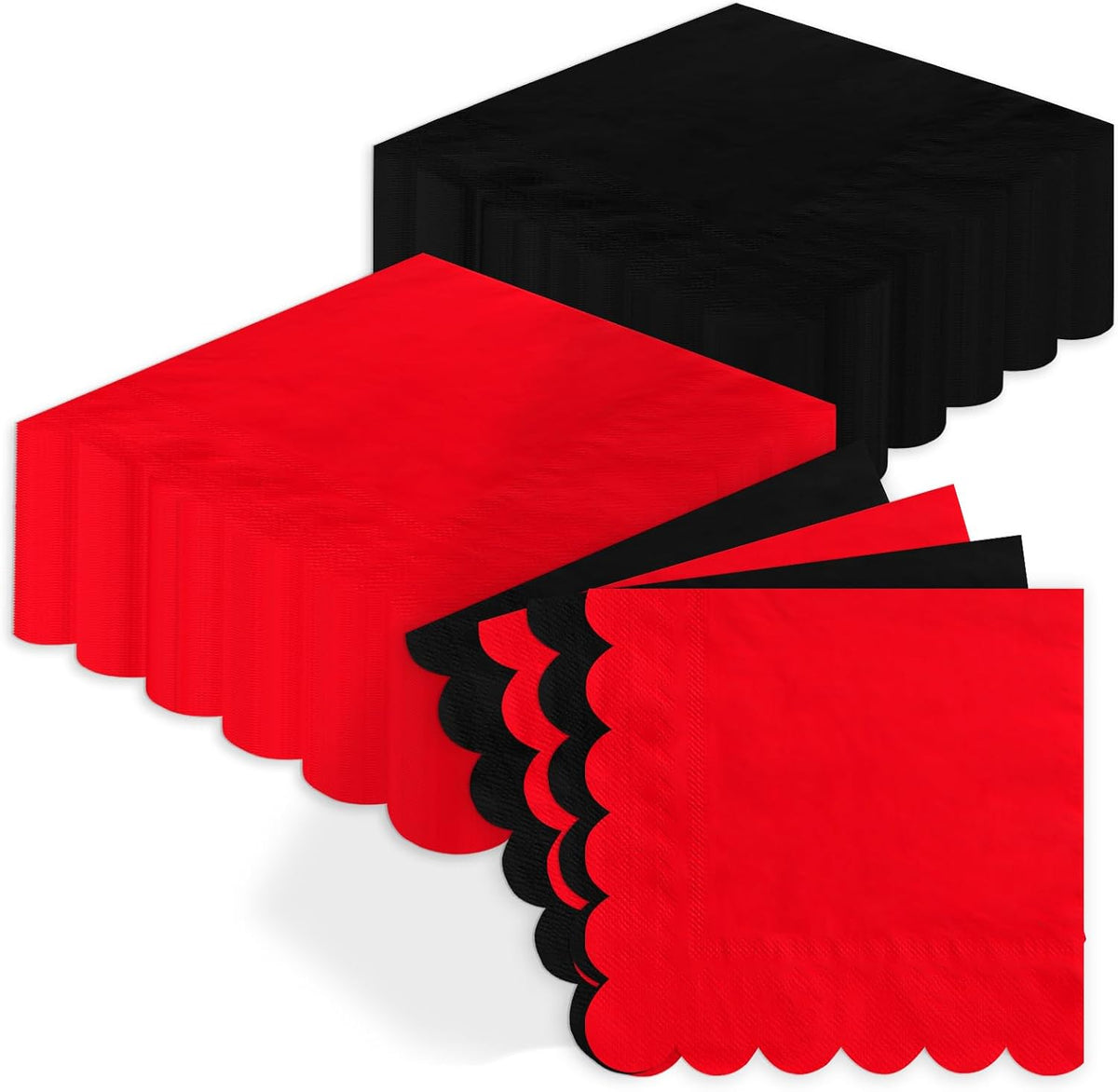 100 pack red and black scalloped paper napkins stacked