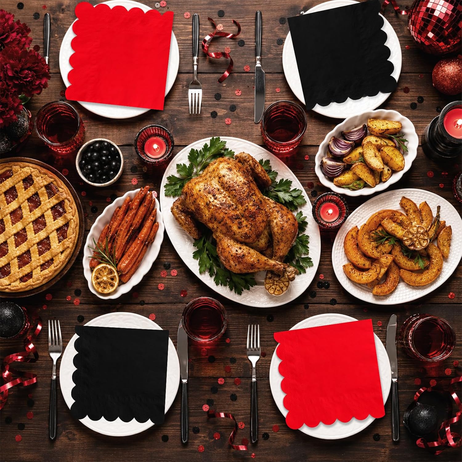 Full set of 100 red and black napkins