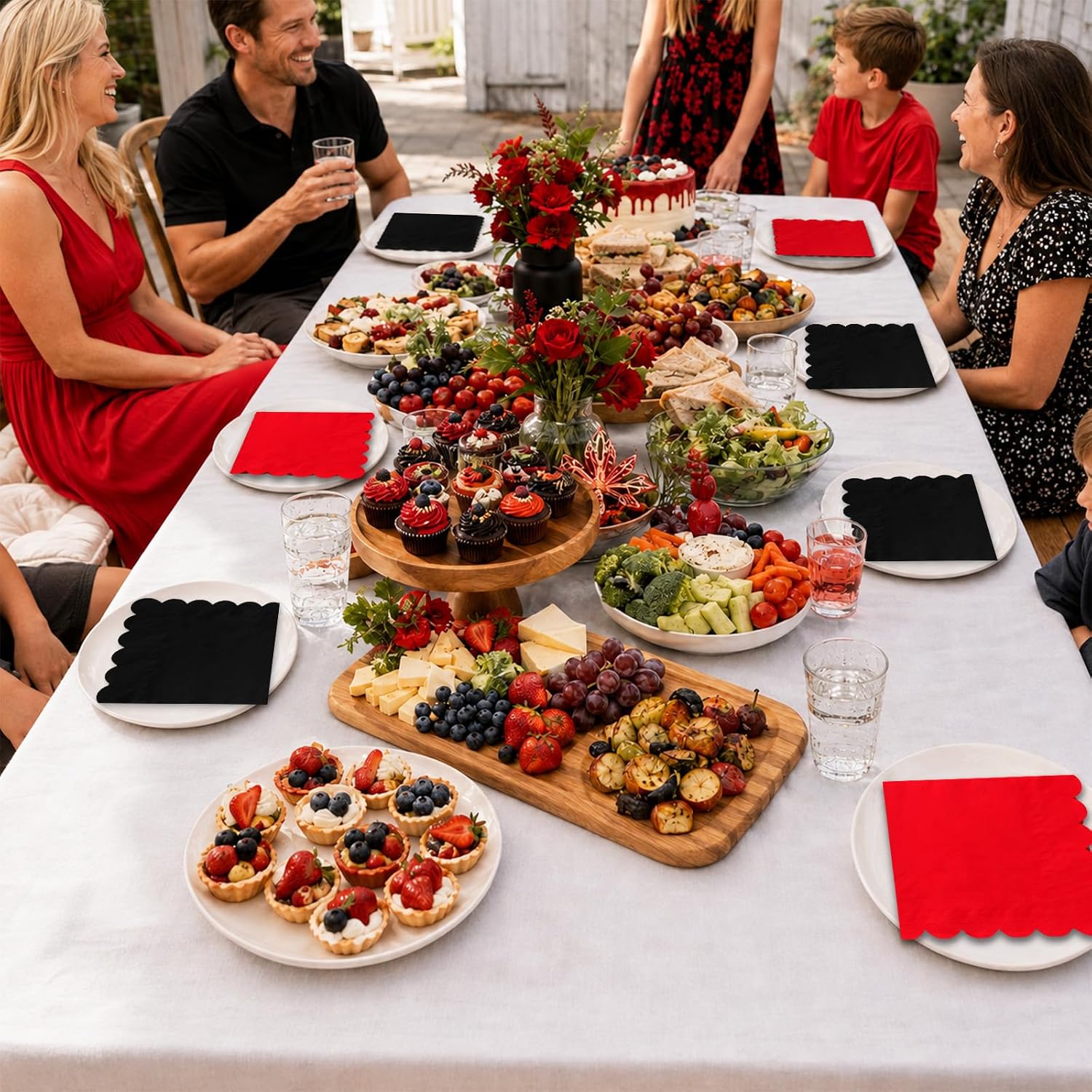 Red and black napkin arrangement for party tables