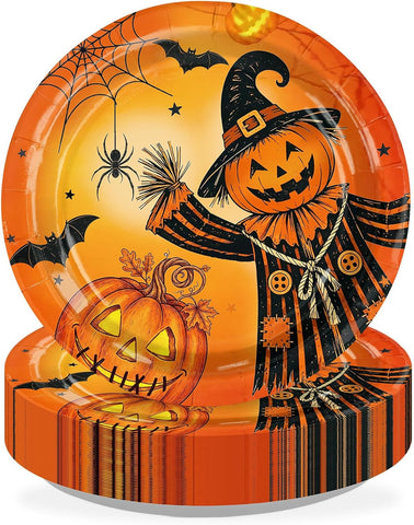 Grencian 50Pcs Halloween Pumpkin Scarecrow Paper Plates 9 Inch