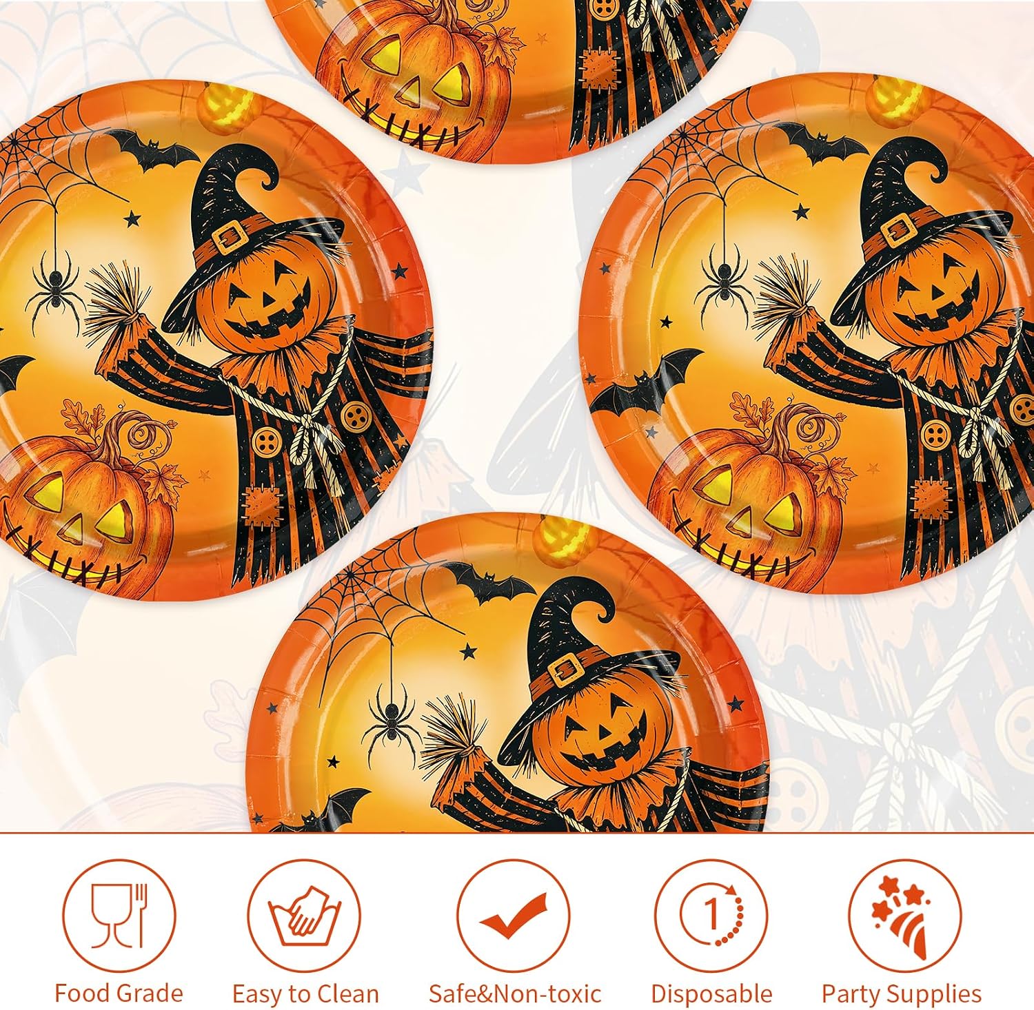 Full stack of 50 scarecrow and pumpkin paper plates