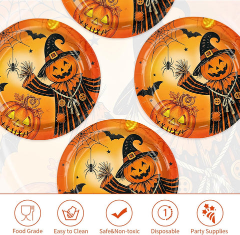 Full stack of 50 scarecrow and pumpkin paper plates