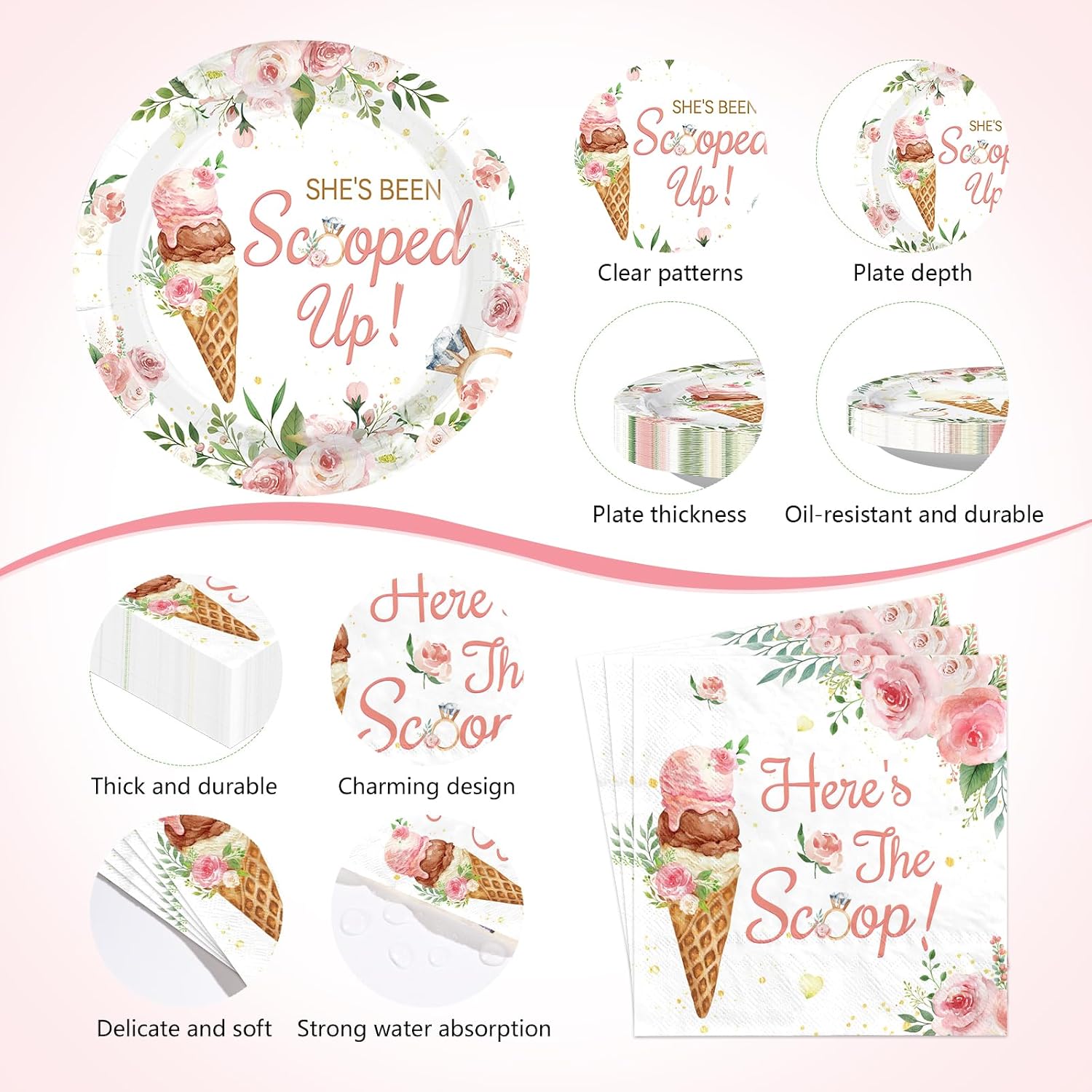 170Pcs Ice Cream Bridal Shower Party Supplies Serves 24 - Grencian