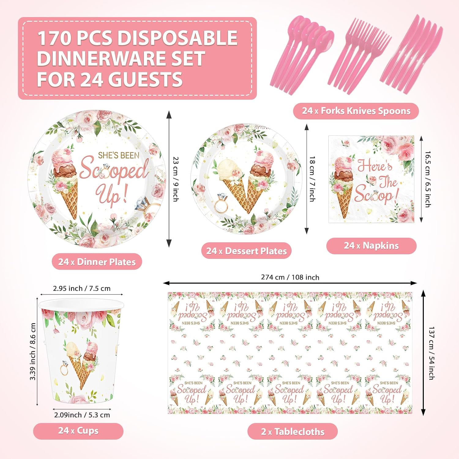 170Pcs Ice Cream Bridal Shower Party Supplies Serves 24 - Grencian