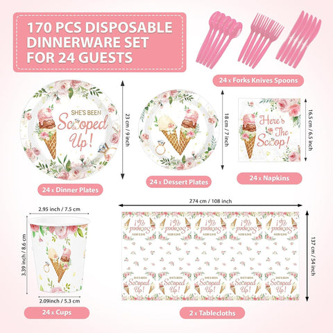 170Pcs Ice Cream Bridal Shower Party Supplies Serves 24 - Grencian