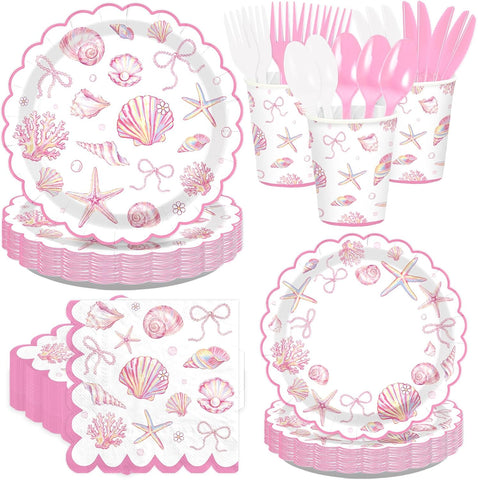 Greencian 168-piece pink seashell girl summer birthday supplies with coastal tableware