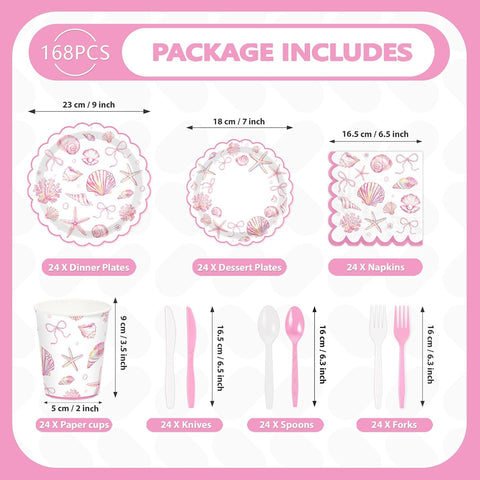 Full set of pink seashell starfish plates napkins cups cutlery flat lay