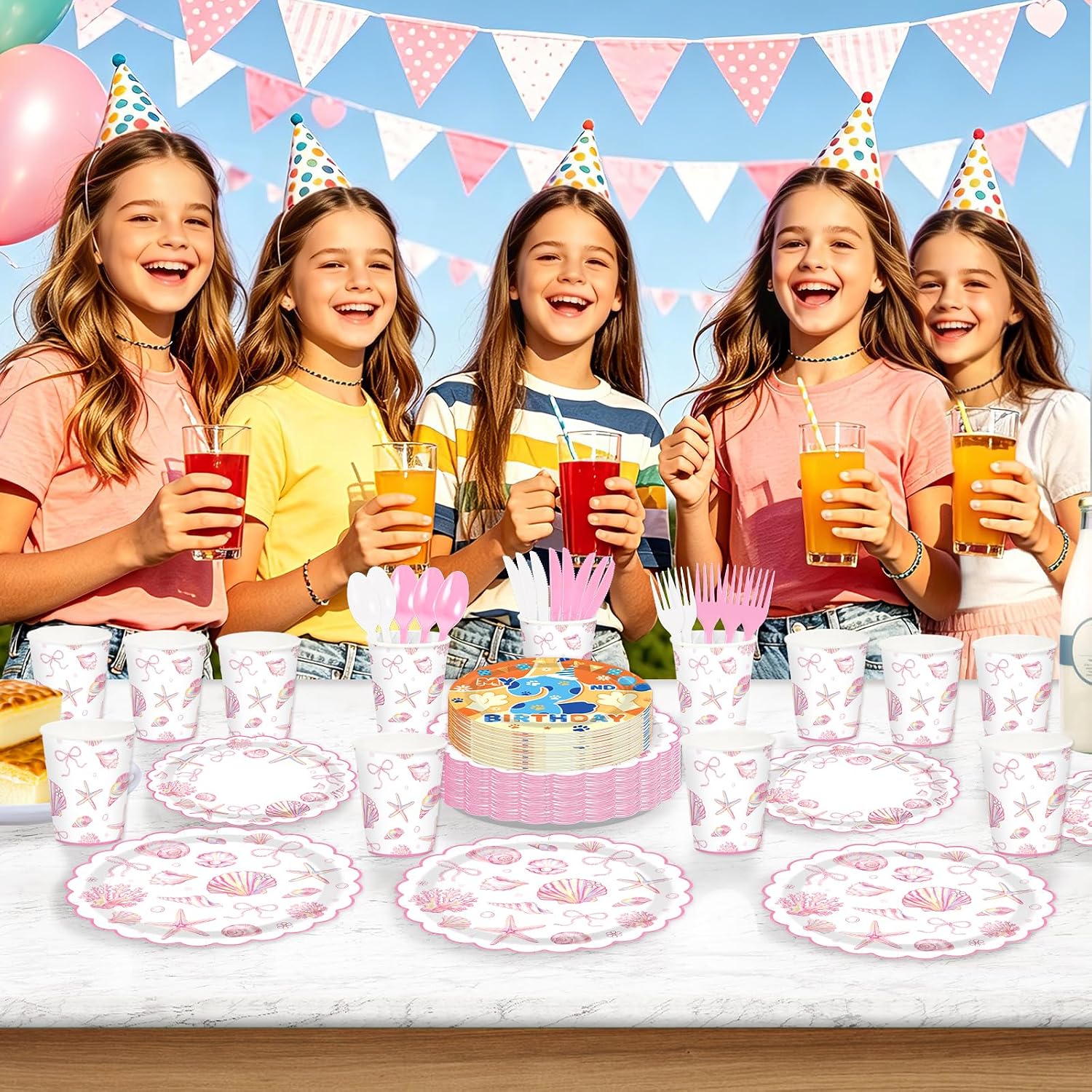 Girl summer birthday party table with pink seashell tableware
