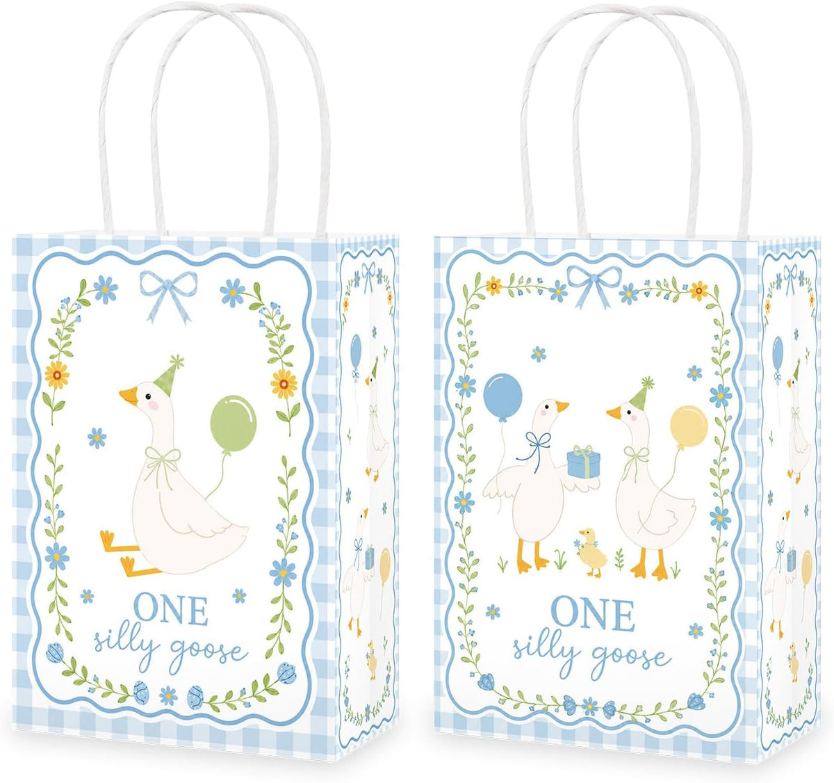 Grencian 16-piece One Silly Goose blue gingham goodie bags set for boys 1st birthday