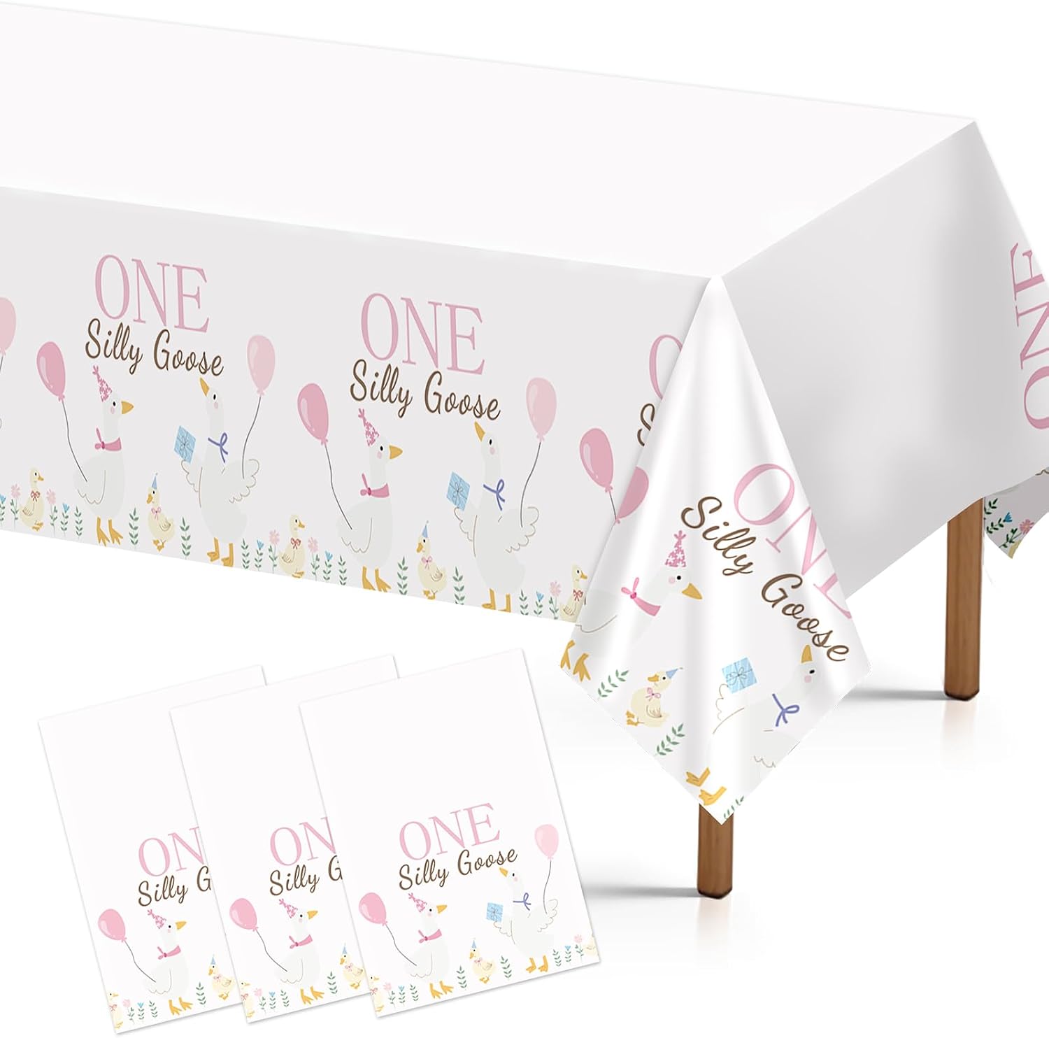 3Pcs One Silly Goose Tablecloth Pink Farm 1st - Grencian