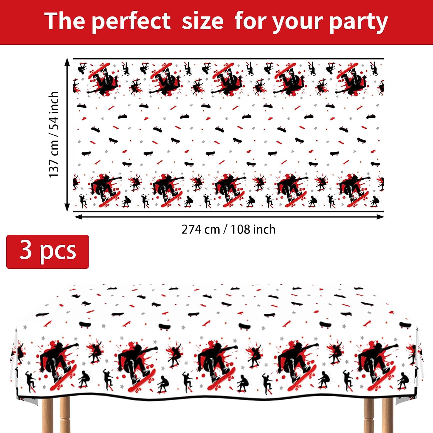 Flat lay of three skateboard tablecloths with sports design
