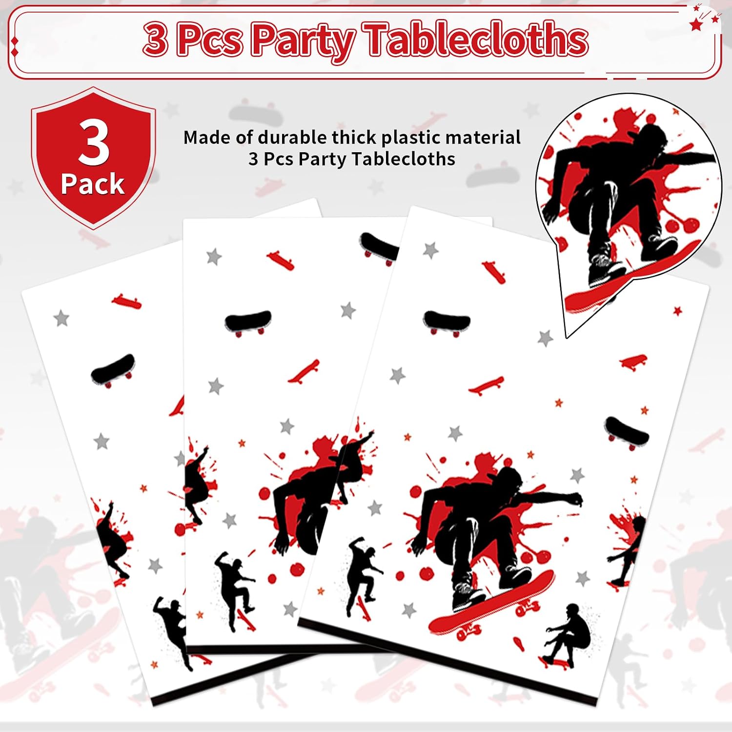 Skateboard tablecloth draped on party table with sports themed decorations