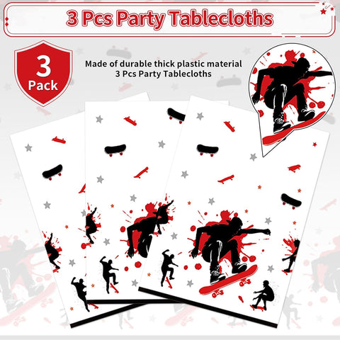Skateboard tablecloth draped on party table with sports themed decorations