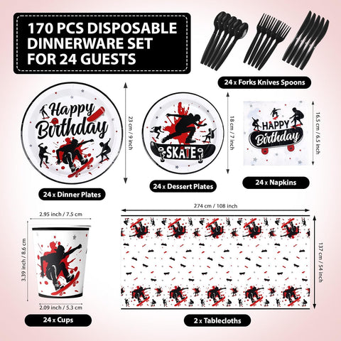 170Pcs Skateboard Sports Birthday Party Supplies Serves 24 - Grencian