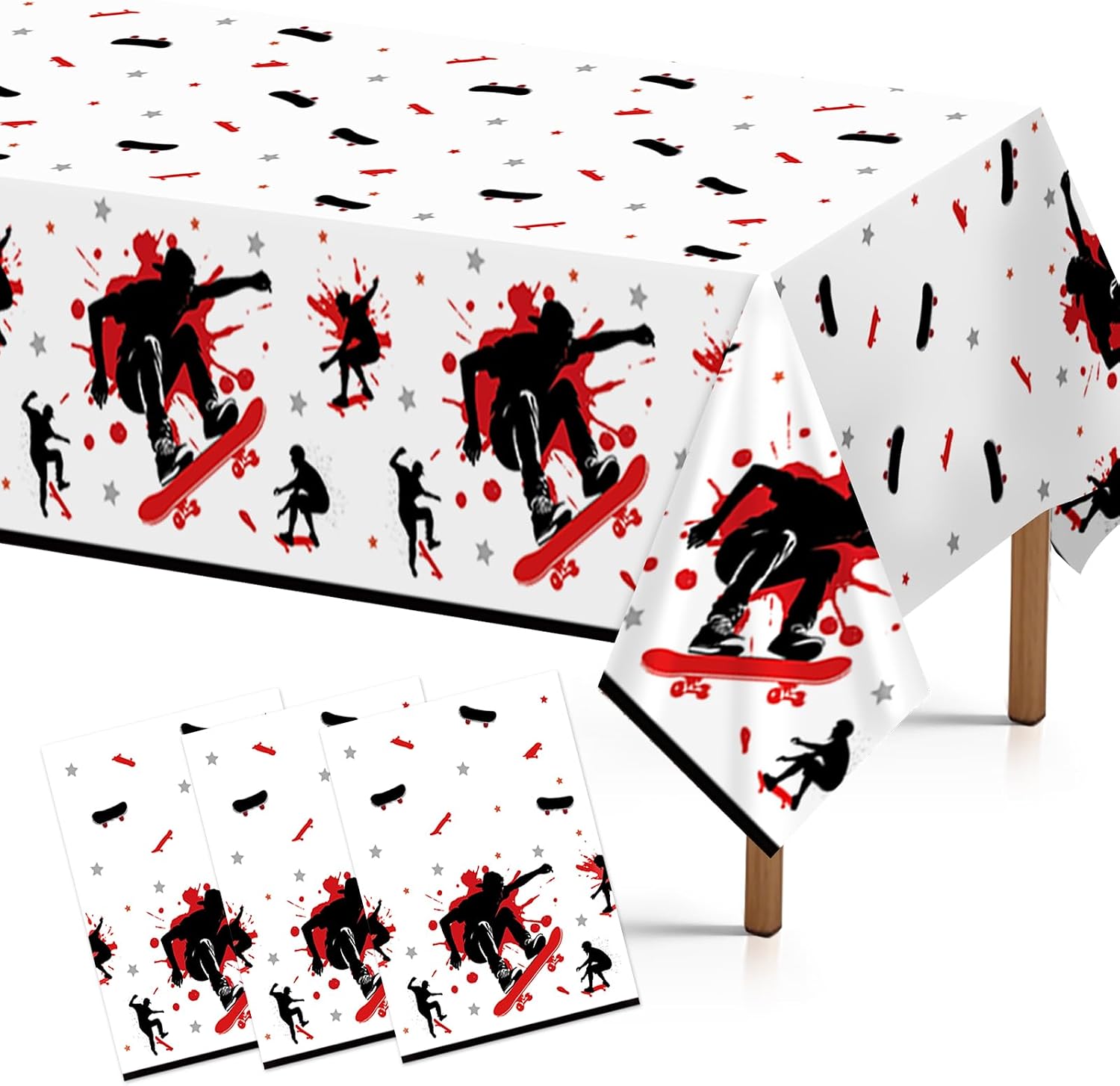 Grencian 3-piece skateboard birthday tablecloth set with red black sports theme