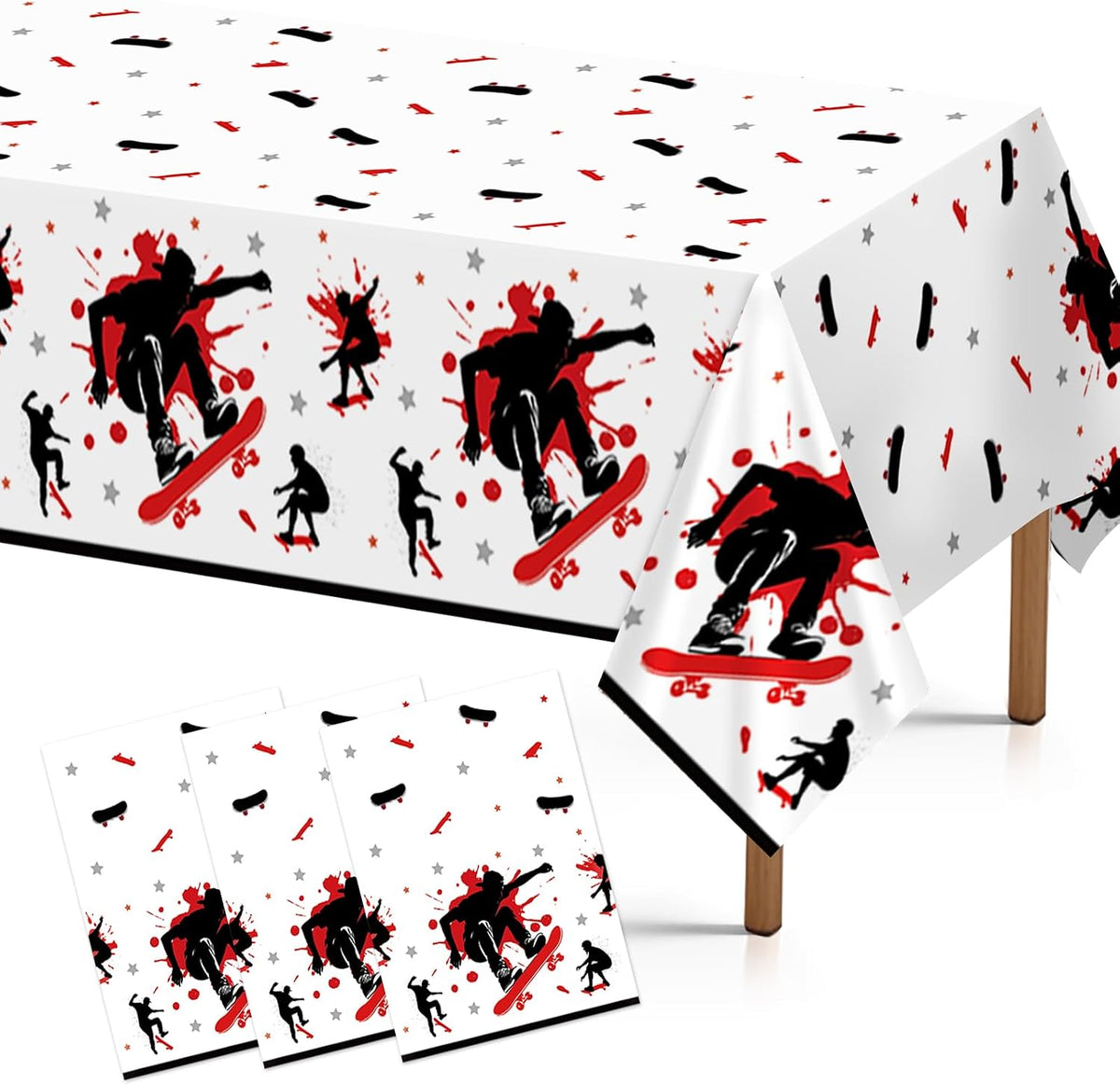 Grencian 3-piece skateboard birthday tablecloth set with red black sports theme