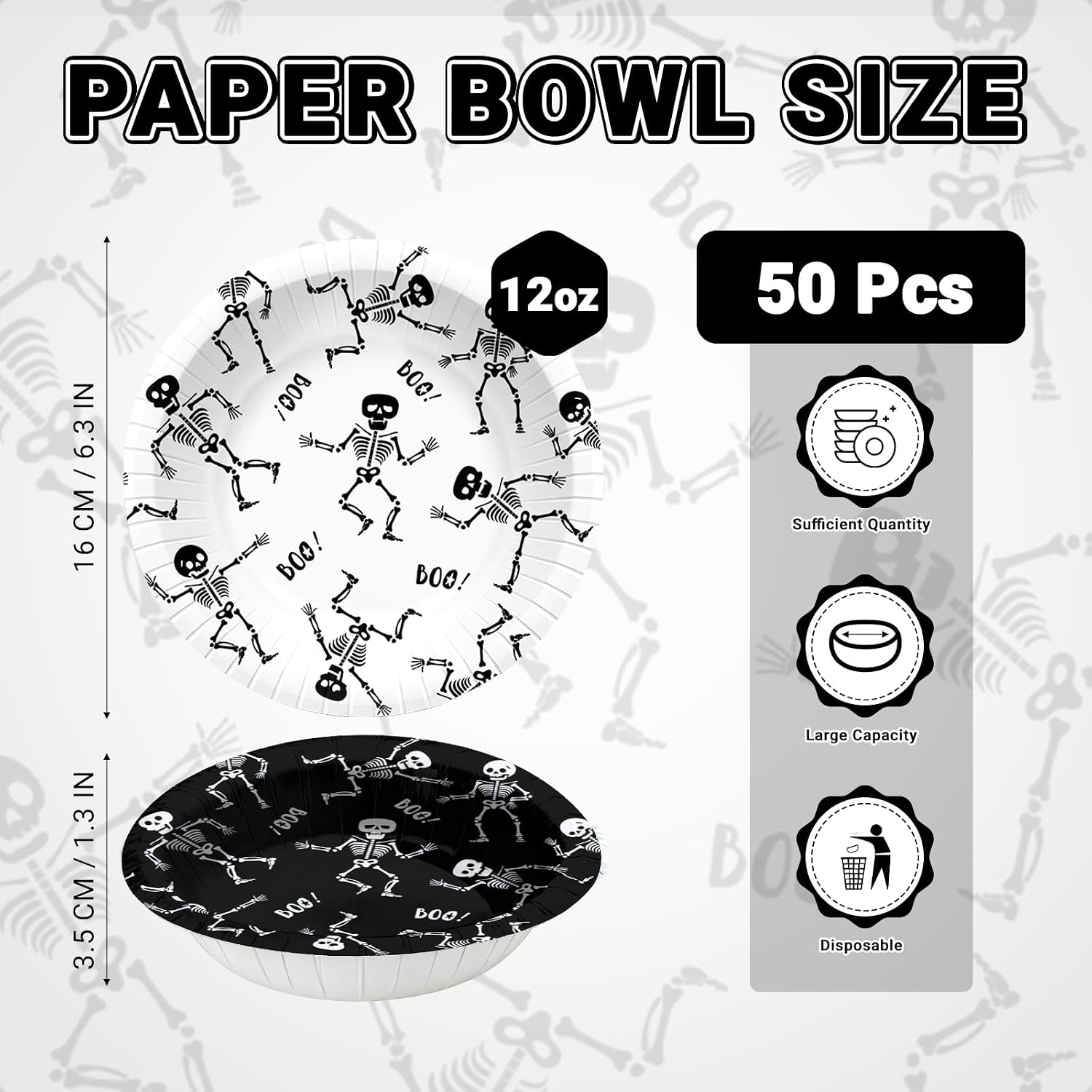 Full stack of 50 black and white skeleton bowls