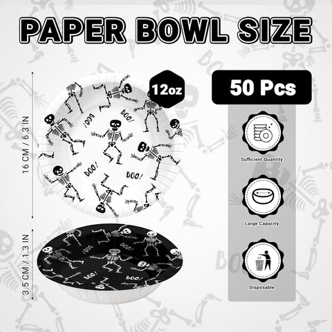 Full stack of 50 black and white skeleton bowls