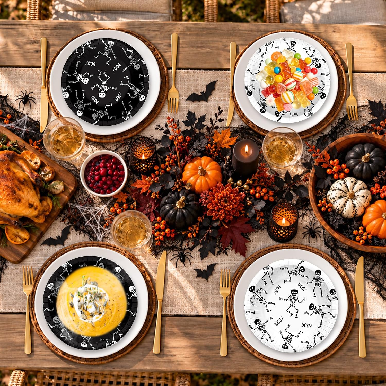 Halloween treat table styled with the skeleton bowls