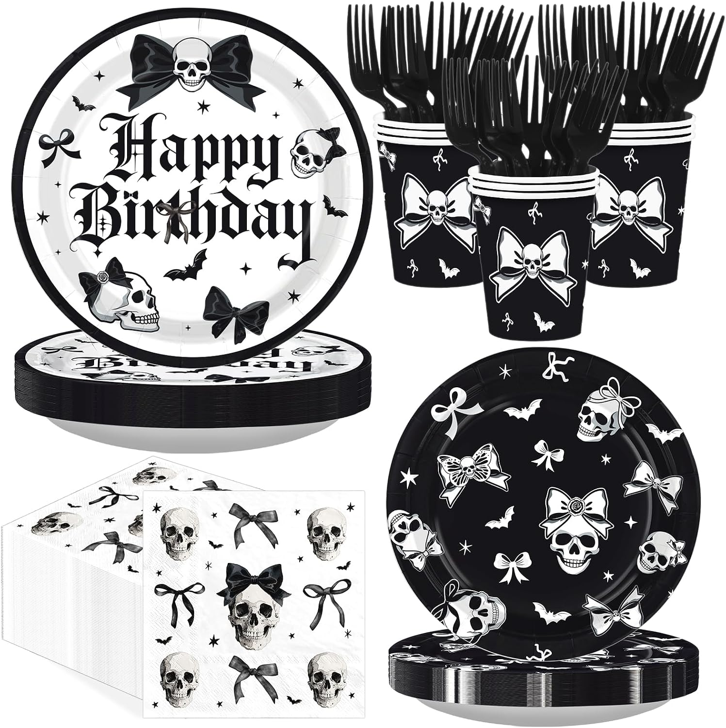 250Pcs Halloween Skeleton Goth Party Supplies Serves 50 - Grencian