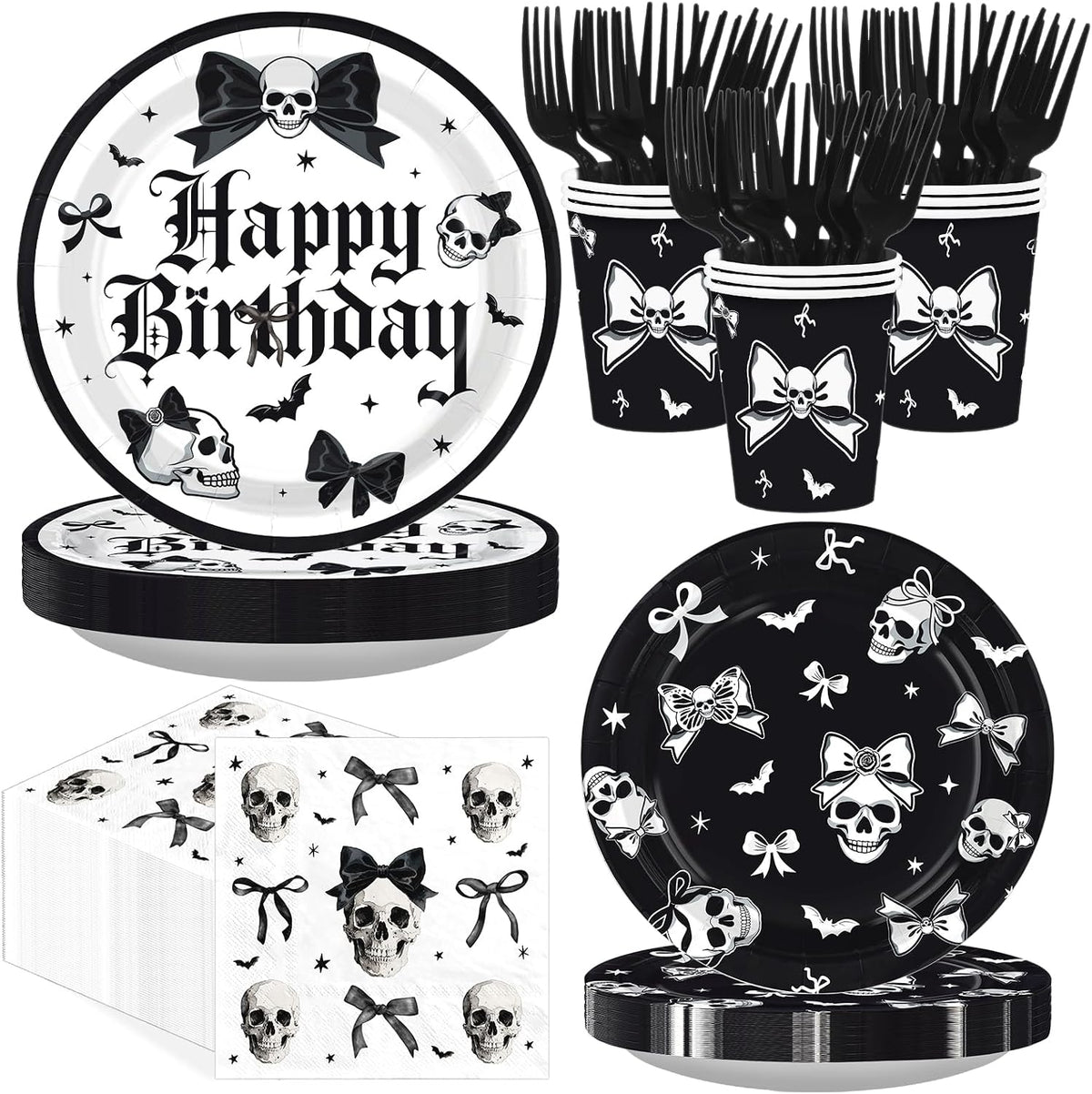 250Pcs Halloween Skeleton Goth Party Supplies Serves 50 - Grencian