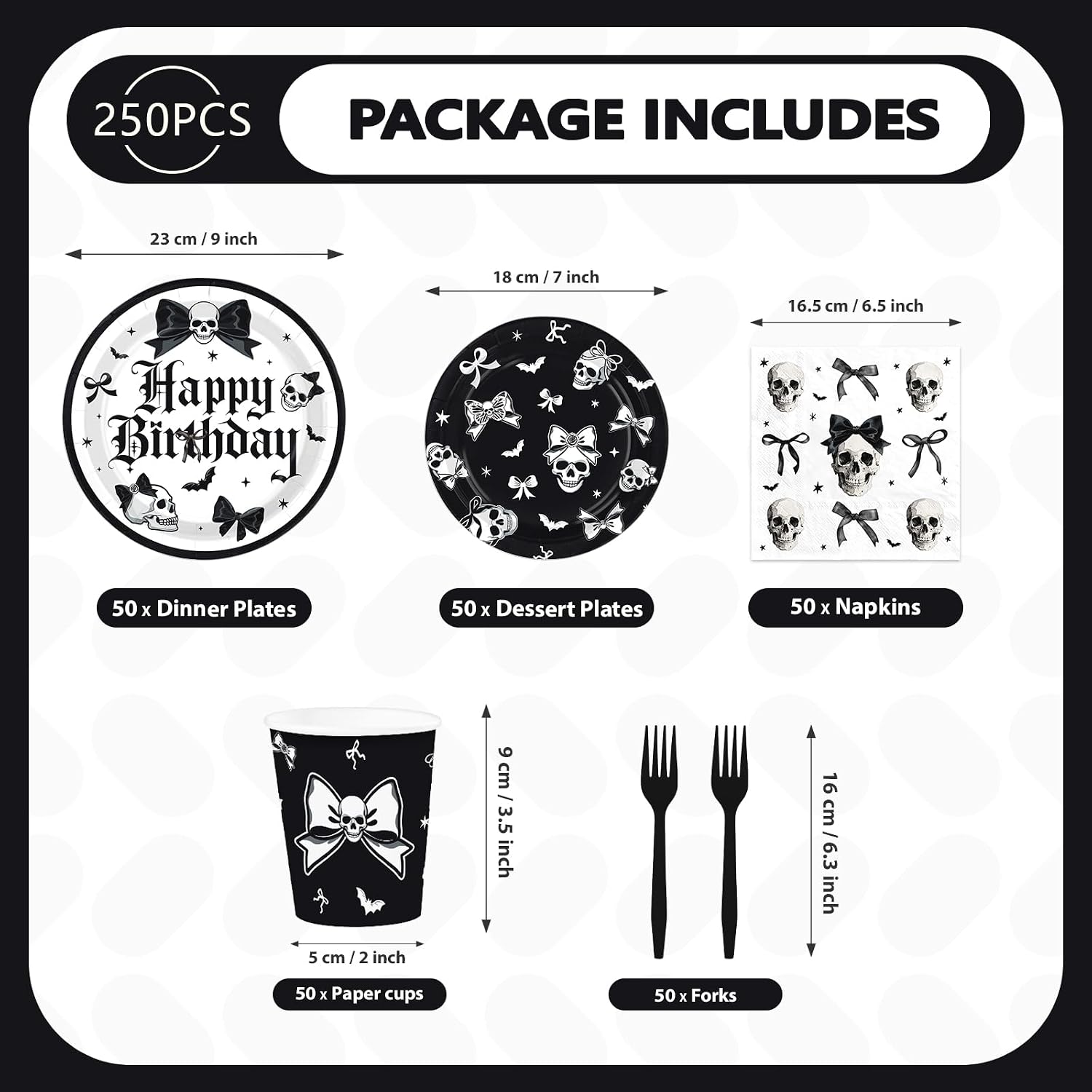 250Pcs Halloween Skeleton Goth Party Supplies Serves 50 - Grencian
