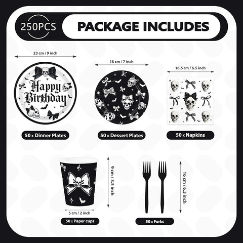 250Pcs Halloween Skeleton Goth Party Supplies Serves 50 - Grencian