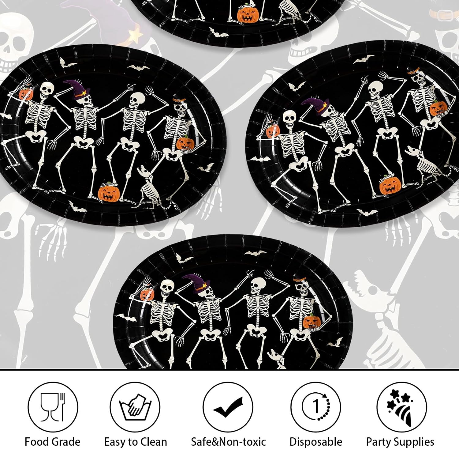 Close up of the four dancing skeleton designs