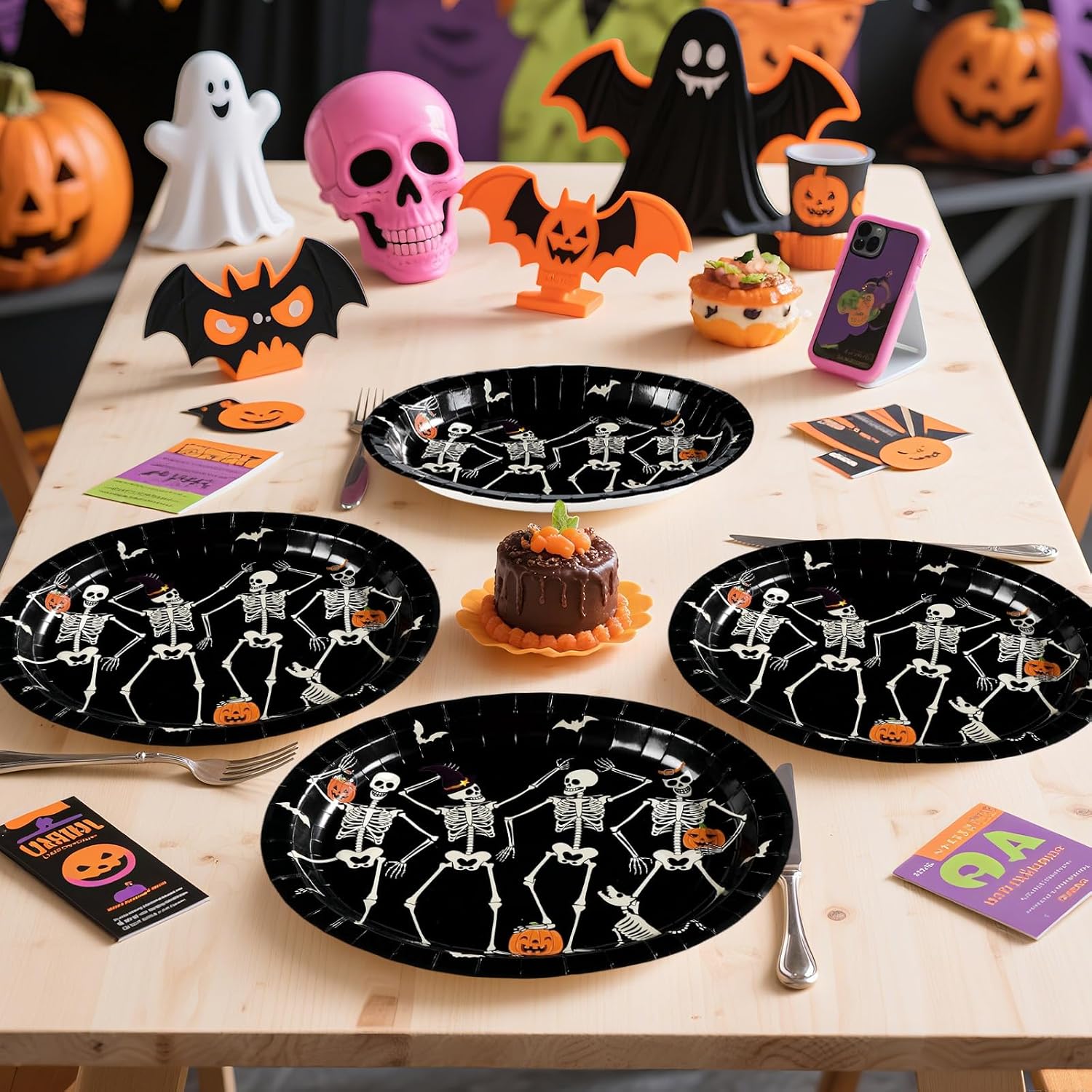 Halloween table styled with the skeleton platters