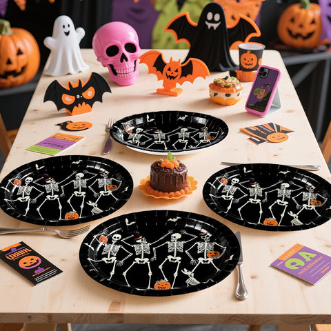 Halloween table styled with the skeleton platters
