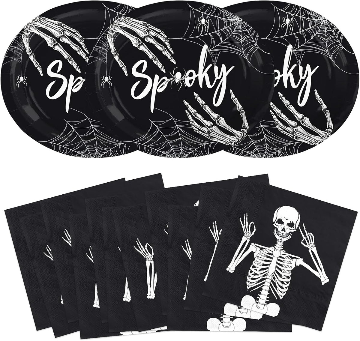 Grencian 50Pcs Halloween skeleton oval plates and napkins 12x10