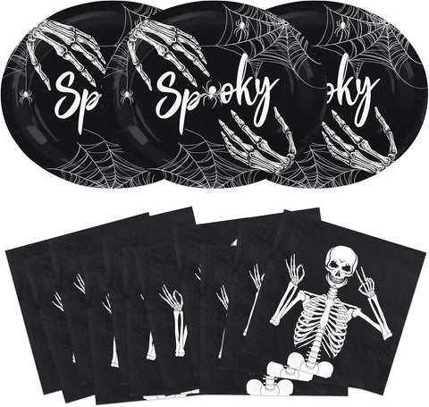 Grencian 50Pcs Halloween skeleton oval plates and napkins 12x10