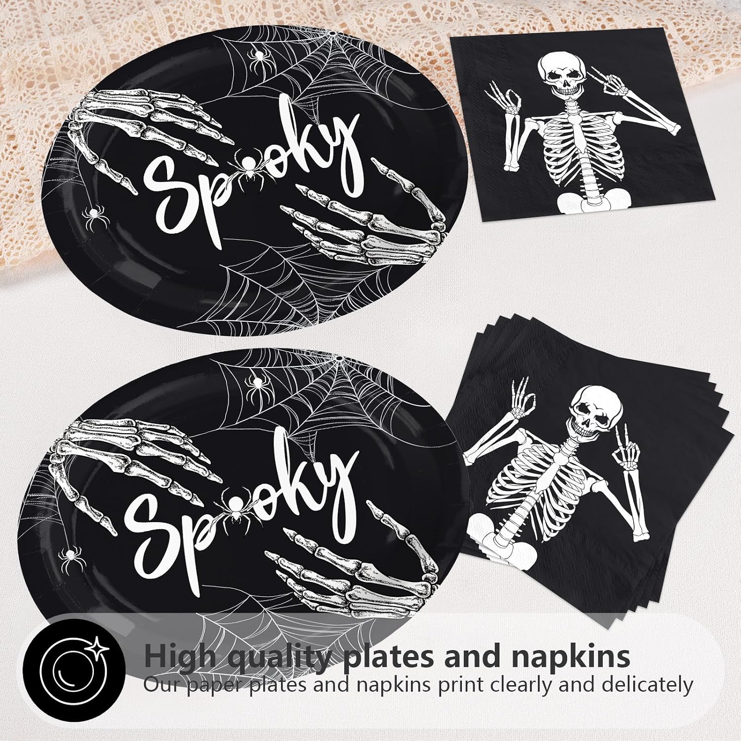 Close up of the skeleton hand and Spooky plate artwork