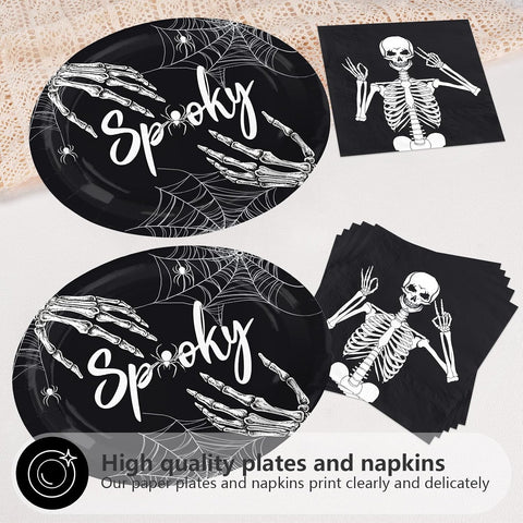 Close up of the skeleton hand and Spooky plate artwork