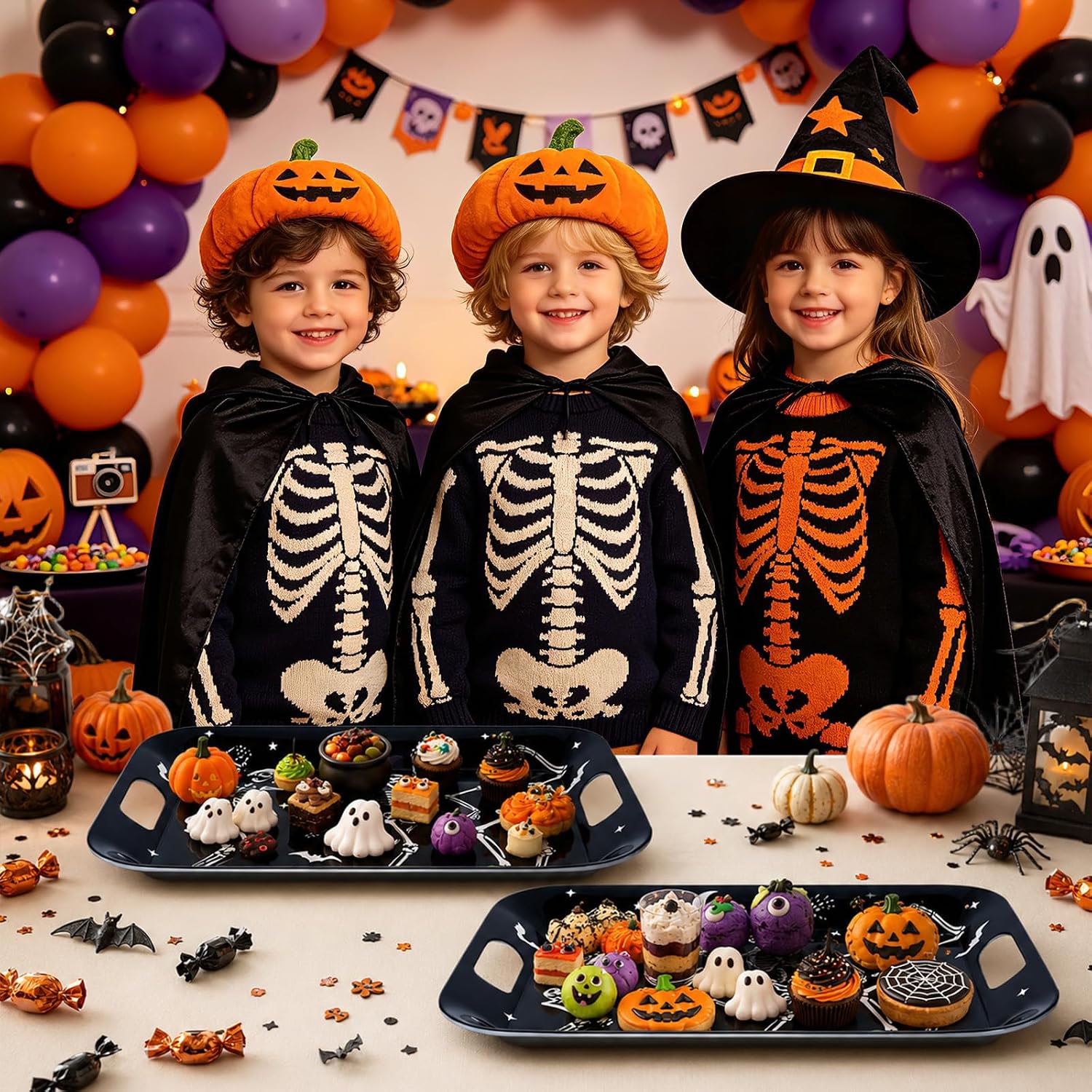 Gothic Halloween table styled with the trays