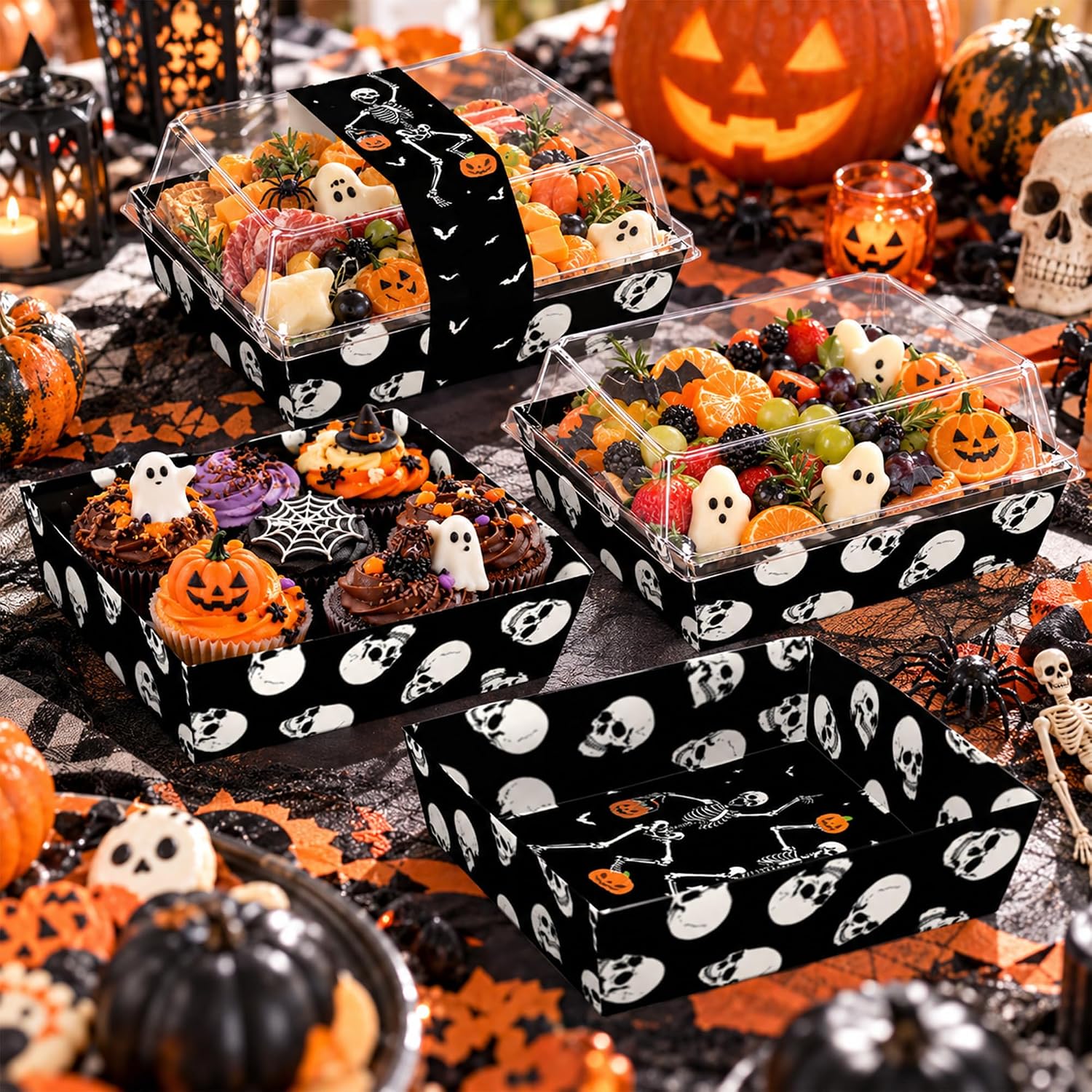 Assembled treat boxes styled on a Halloween table